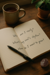 Open journal on warm wooden desk with handwritten questions ‘Who am I really?’ ‘What’s my soul’s rhythm?’, surrounded by tea mug, pen, crystal, and plant—intimate and contemplative moment.”