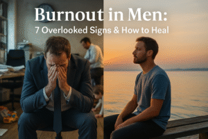 Split-image representing male burnout: left side shows a man overwhelmed by daily chaos and stress at work; right side shows the same man at peace in nature after addressing burnout through support and self-care.