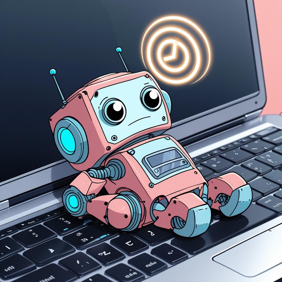 Cartoon robot slumped over laptop showing digital fatigue and writer exhaustion