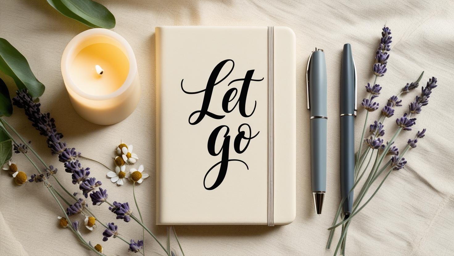 Notebook titled 'Let Go' next to candle and flowers symbolizing burnout healing