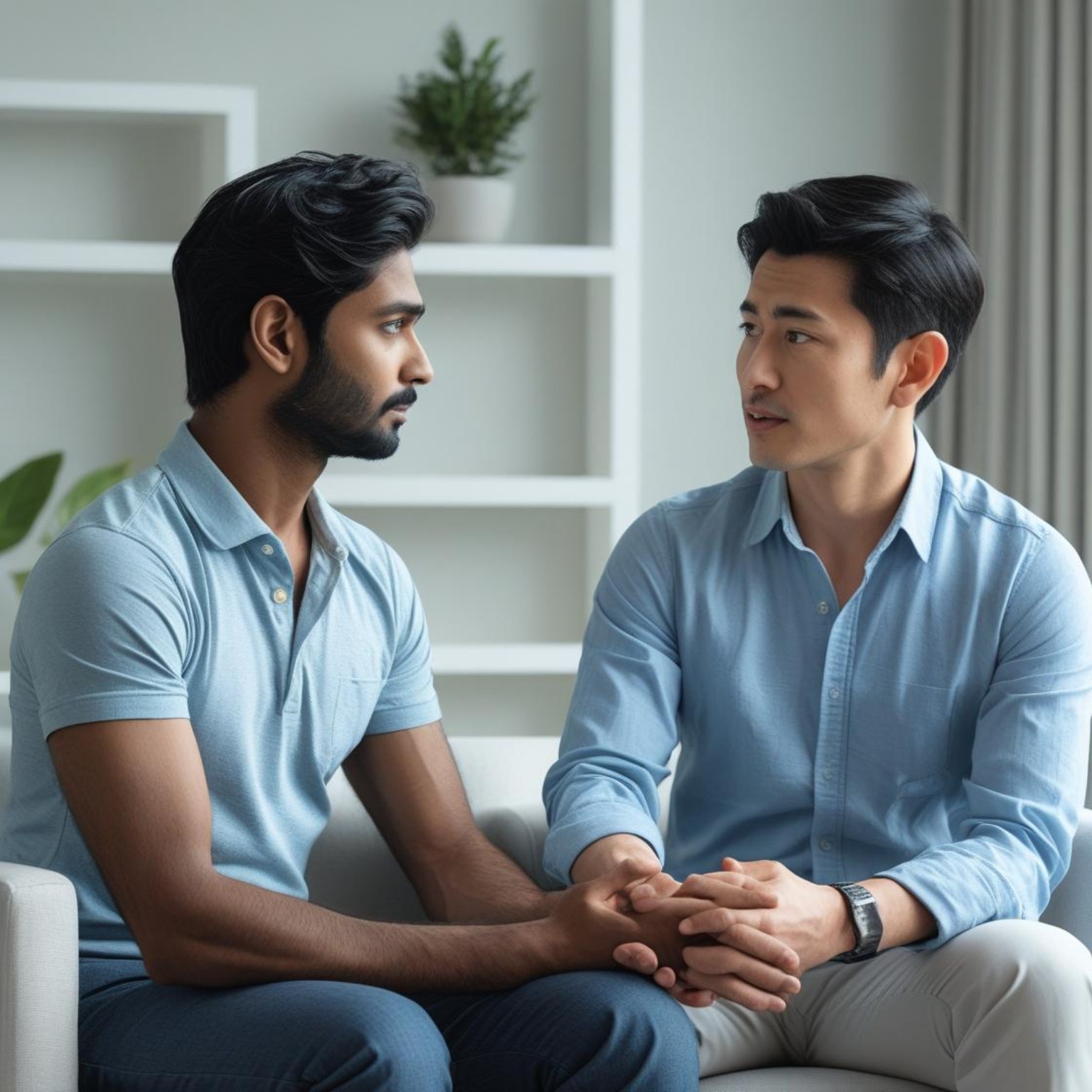burnout in men – man speaking openly with therapist or friend in calm, supportive setting