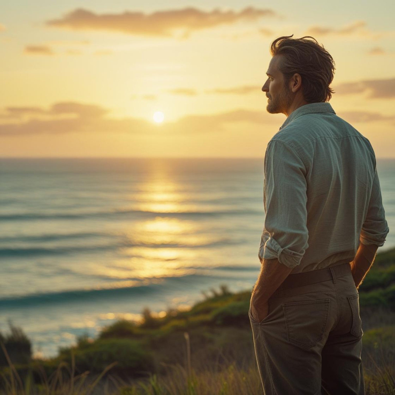 burnout healing for men – man standing by the ocean at sunrise, finding peace and perspective