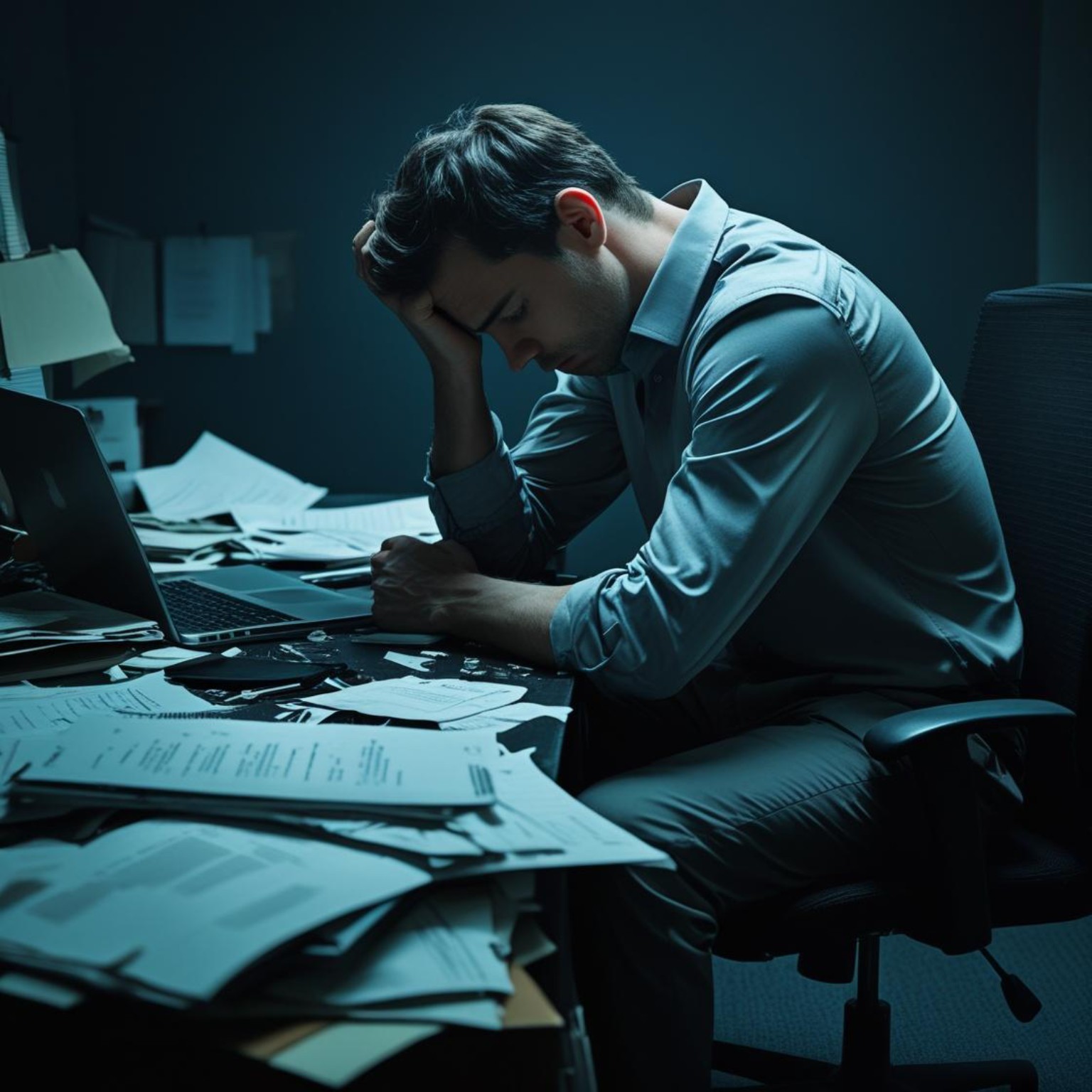 men dealing with burnout at work – man in office at cluttered desk with head in hand, drowning in paperwork