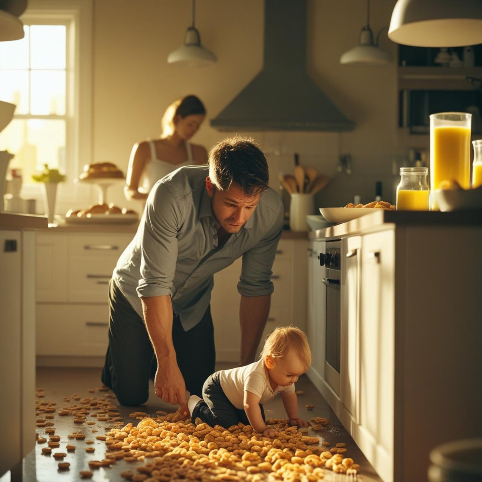 father burnout symptoms – overwhelmed dad crouching beside toddler crawling on messy kitchen floor while wife prepares breakfast