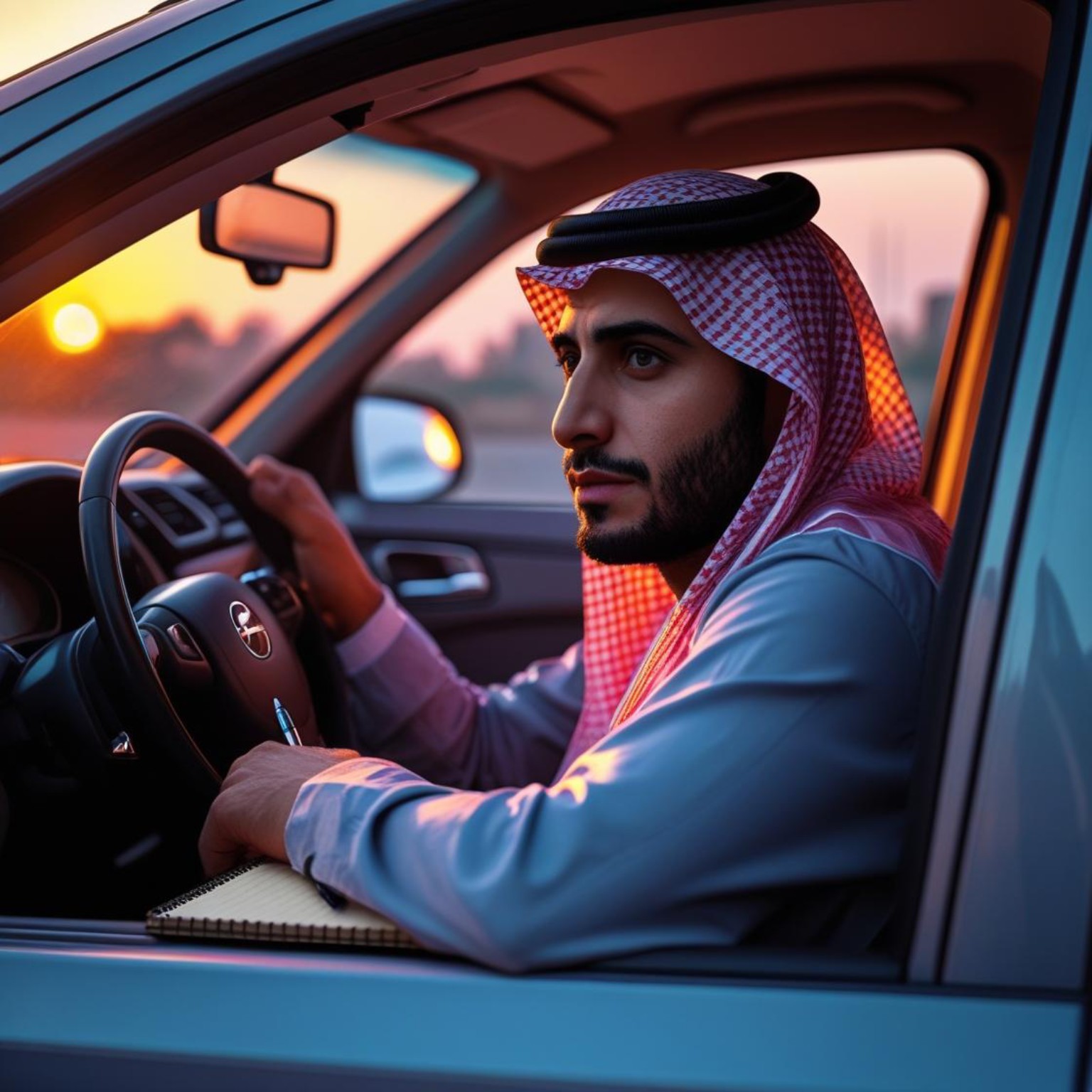 burnout recovery in men – man in car journaling and reflecting at sunset after stressful day