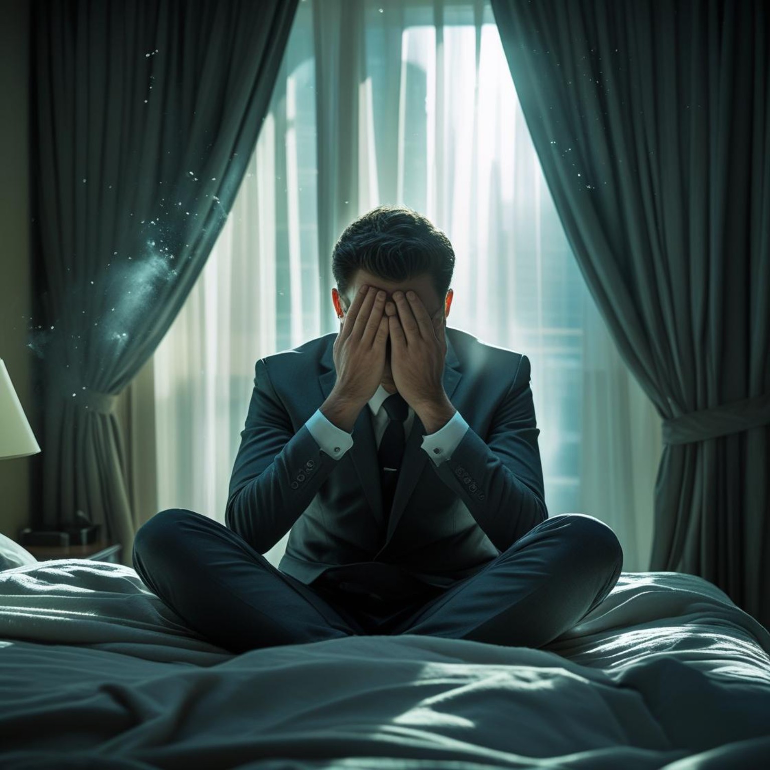 silent male burnout signs – man in suit sitting on bed with hands over face, early morning burnout reflection
