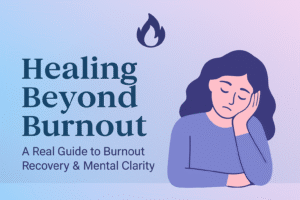 Flat digital illustration showing a calm workspace with soft blue and purple tones, a gentle glow from a laptop screen displaying the phrase "Burnout Recovery Starts Here", representing mental clarity, emotional healing, and burnt out recovery.