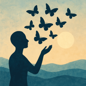 A serene digital painting of a person gently releasing a glowing orb into the wind, surrounded by nature’s calm. Symbolizes emotional release, inner peace, and personal transformation.