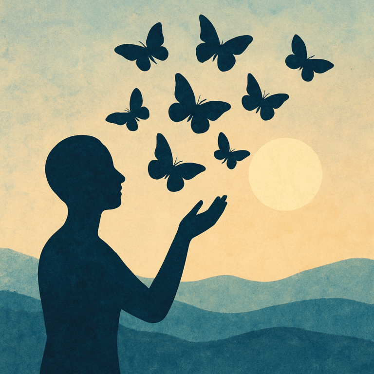 A serene digital painting of a person gently releasing a glowing orb into the wind, surrounded by nature’s calm. Symbolizes emotional release, inner peace, and personal transformation.