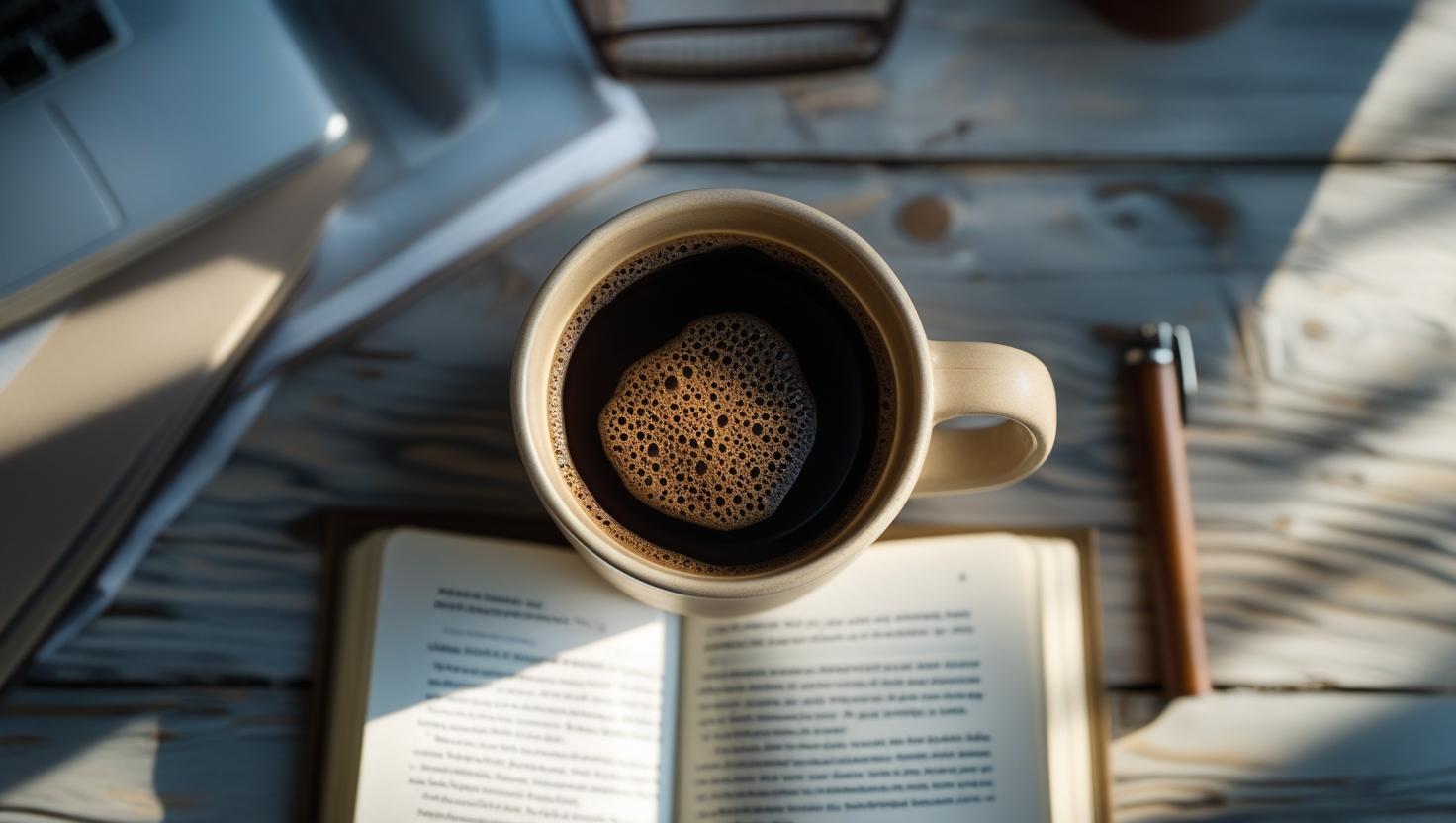 Top-down view of coffee cup symbolizing Monday morning burnout recovery