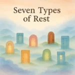 Watercolor illustration of seven glowing doors in pastel colors symbolizing the seven types of rest for body mind heart and spirit self care and healing by MindCovez.com