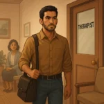An illustration of a man with a messenger bag, looking determined as he stands in a hallway. He is outside a door with the word "THERAPIST" on it. In the background, a woman is sitting and watching him.