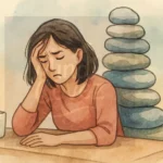 A soft watercolor-style illustration of a young woman walking with a light backpack. Tiny pebbles are subtly shown inside the bag, symbolizing small daily stressors. The background uses pastel colors and abstract soft shapes to suggest everyday irritations like noise and clutter. The overall tone is calm and reflective, representing how little things can quietly weigh us down. mindcovez.com