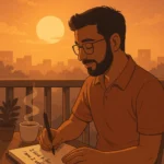 A digital illustration in warm, sunset hues depicts a young man with glasses and a beard sitting on a balcony, writing in a journal. Steam rises from a mug on the wooden table in front of him. The setting sun is visible behind a silhouetted cityscape in the distance. The man appears peaceful and contemplative as he writes.