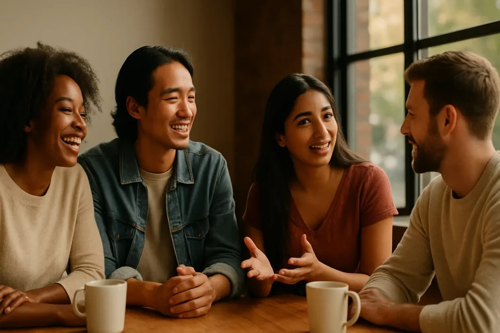 A diverse group of friends talking at a café, showing warm connection and varied personalities mindcovez.com