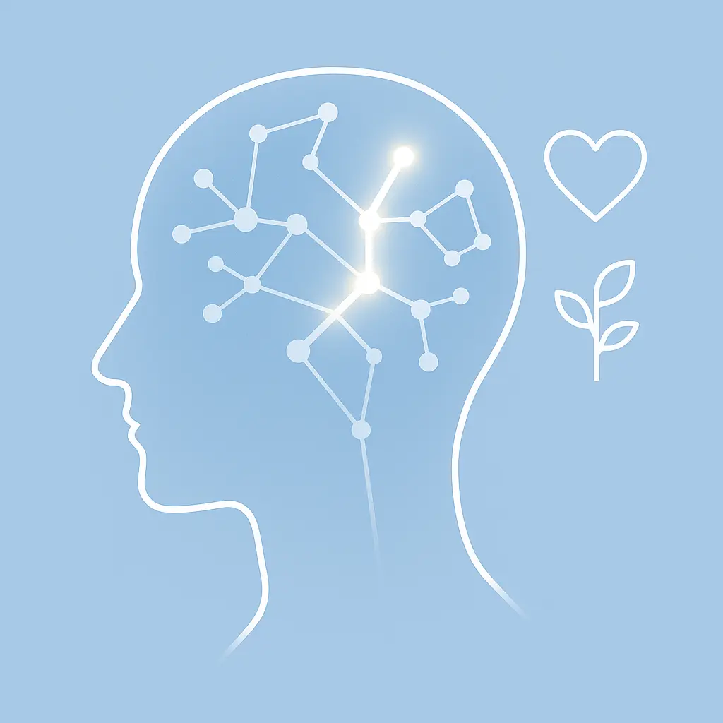Minimalist digital illustration of a human head outline with glowing, interconnected neural pathways inside. One bright neural line branches outward, symbolizing positive affirmation and neuroplasticity, alongside white outlines of a heart and a growing plant on a clean blue background.