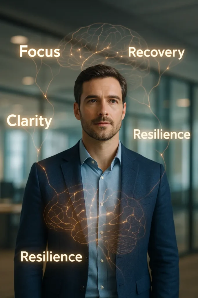 A confident professional standing in a modern office, surrounded by glowing neural lines and words like “Focus,” “Clarity,” and “Resilience,” symbolizing how affirmations build mental strength and leadership clarity.