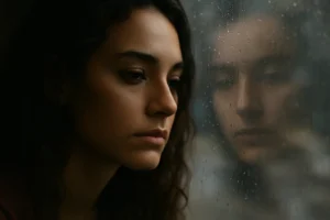A young woman with a pensive expression staring out a rainy window, reflecting the emotional struggles often linked to Borderline Personality Disorder (BPD). mindcovez.com