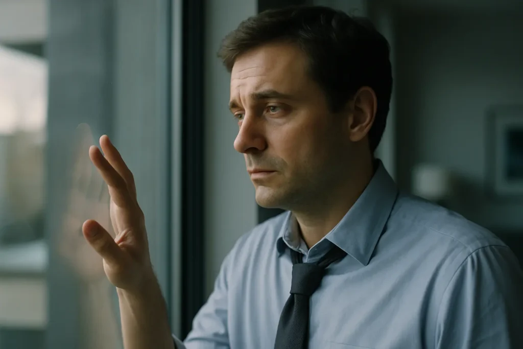 A realistic, cinematic shot of a man in his late 30s to early 40s, dressed in business casual attire (crisp shirt, perhaps a loosened tie). He is looking out a window in a modern office or home setting, but his gaze is distant and unfocused, showing deep contemplation or weariness. A slight shadow subtly emphasizes the hollows under his eyes. His hand might be gently touching the glass, creating a sense of separation or longing. Natural, soft light, photorealistic, high detail.