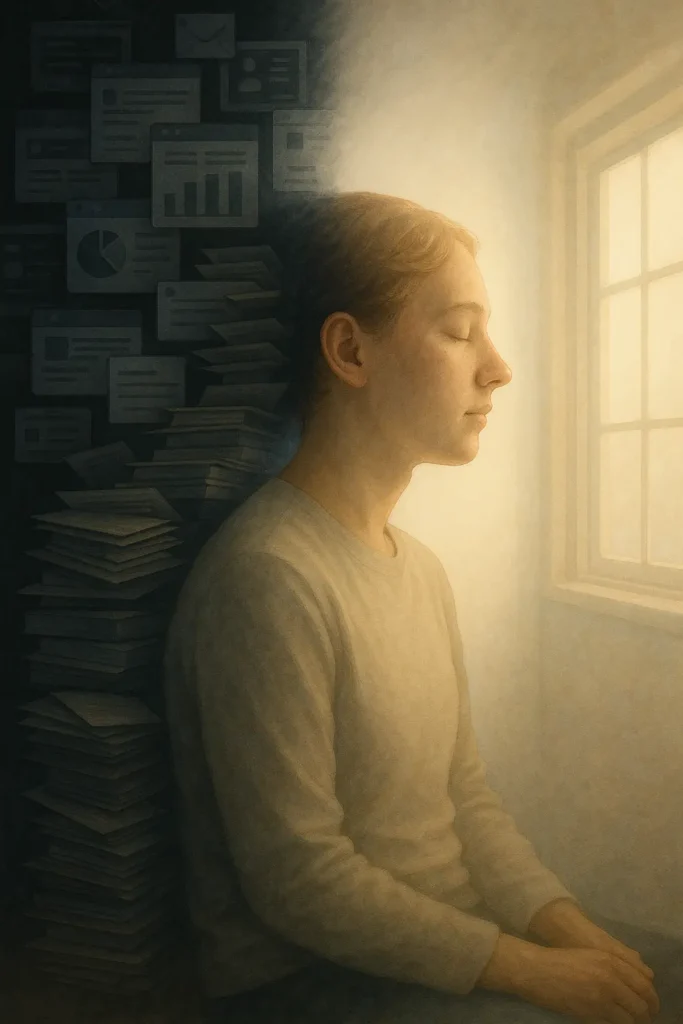 A serene, gender-neutral person sits peacefully in profile. The area around their head is split: one side is a chaotic blur of dark, overlapping digital interfaces and stacked papers (burnout symptoms), and the other side is soft, glowing, empty space leading to a window with bright, natural light (mental clarity). The overall effect is a visual shift from emotional exhaustion to a moment of finding rest for mental health. Use a soft, cinematic, empathetic lighting style.