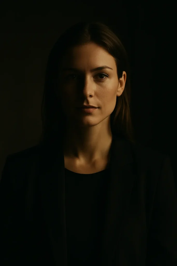 A calm, confident woman standing in a dimly lit room with half her face in shadow, representing awareness and self-protection from manipulation.