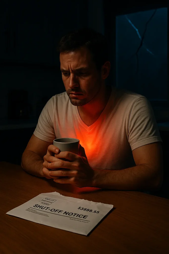 A realistic photo of a distressed man sitting alone at a kitchen table in the dark morning hours, holding a mug. A subtle red glow emanates from his chest, symbolizing a panic attack. An opened debt notice lies on the table in front of him. A crack is visible in the windowpane behind him, symbolizing his shattered routine. mindcovez.com
