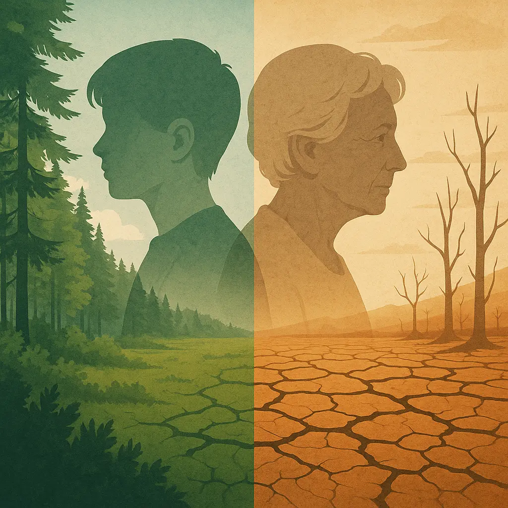 Conceptual image showing a split landscape: one side is a vibrant forest, the other is cracked, dry earth. Overlayed silhouettes of two people—a young person and an elder—bridge the divide, illustrating the generational tension of eco-anxiety. mindcovez.com