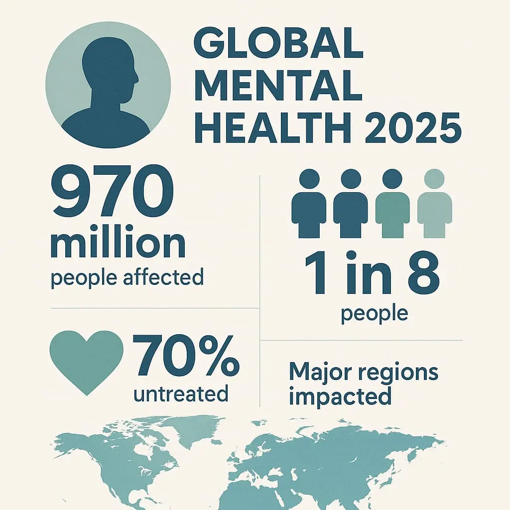 Infographic showing key global mental health statistics and data for 2025