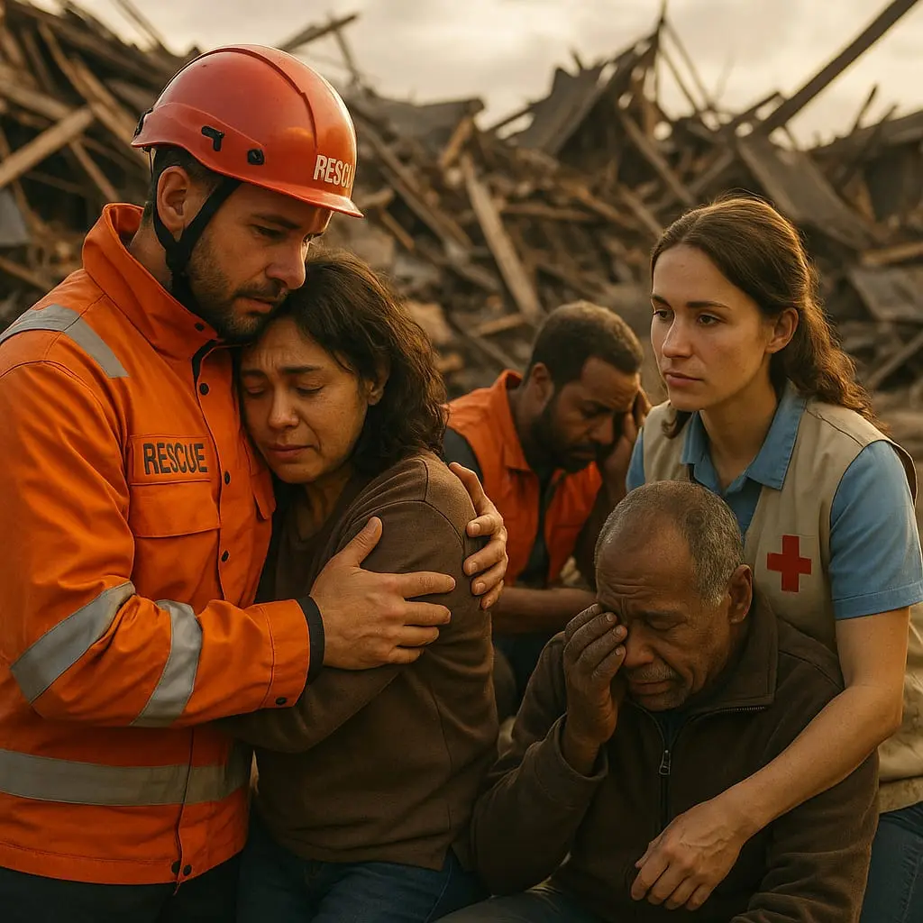 Rescue workers and healthcare volunteers comforting people after a natural disaster, showing compassion and mental health support in crisis situations. Warm, realistic lighting and empathetic expressions