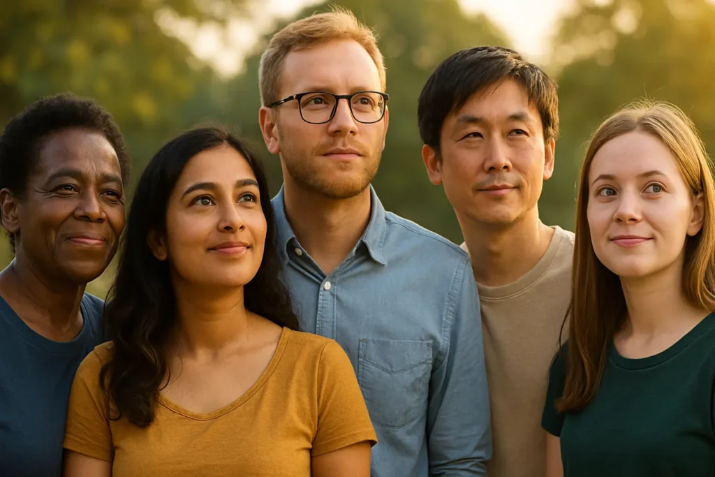 Diverse group of people from around the world standing together in warm sunlight, representing unity, hope, and understanding for schizophrenia awareness.