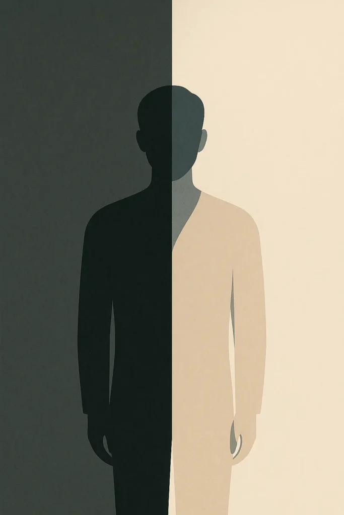 Person split between shadow and light representing dark empathy and manipulation awareness.