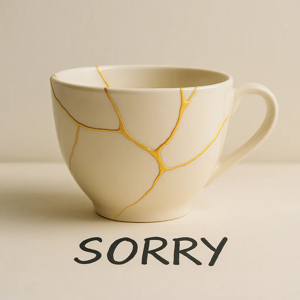 A white porcelain cup repaired with golden cracks in the Japanese kintsugi style, placed on a neutral background. Below the cup, the word “SORRY” is handwritten in bold black letters, symbolizing healing and reconciliation through apology. mindcovez.com