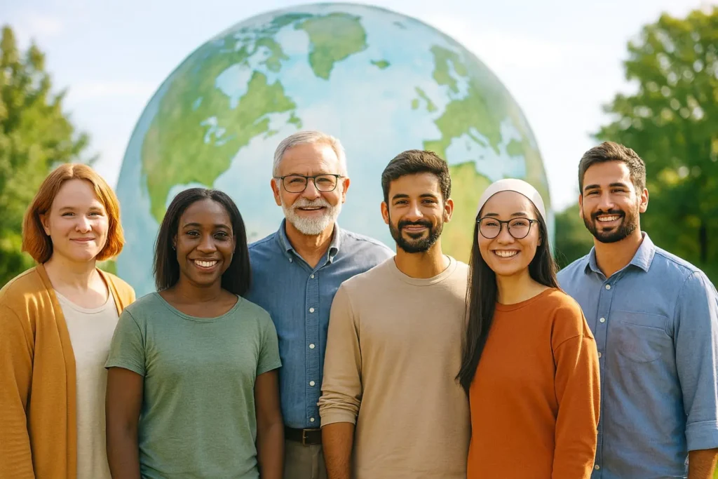 Diverse group of people standing together to celebrate World Mental Health Day 2025 and promote global mental well-being. MindCovez | Copyright: © 2025 MindCovez World Mental Health Day, global awareness, mental well-being|