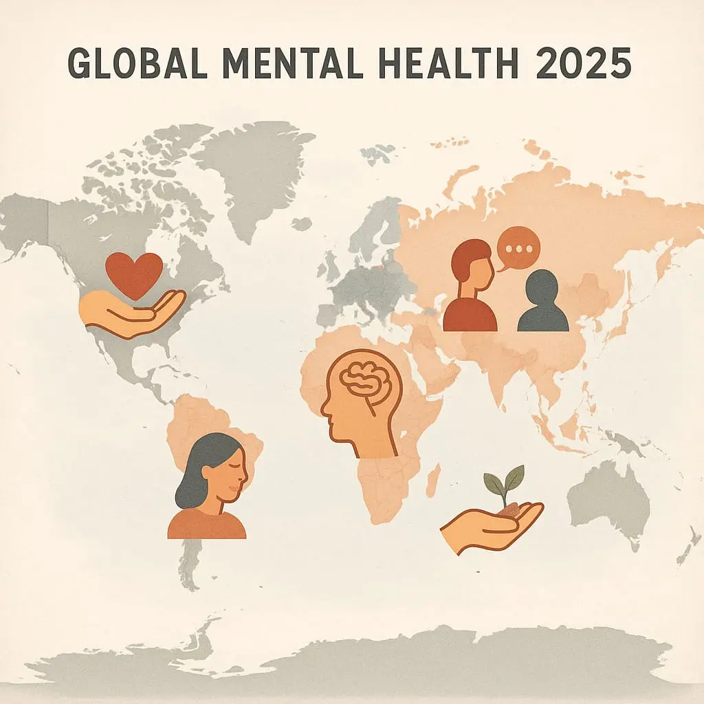 World map showing global mental health challenges in 2025 with icons of care and resilience