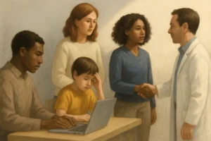 A warm, painterly illustration of diverse adults and a child interacting with a clinician in a supportive environment, representing autism spectrum disorder and family-centered support.