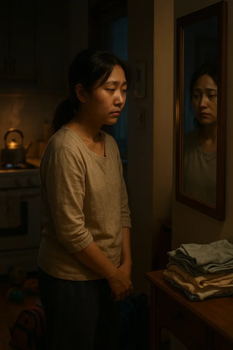 A realistic scene of an exhausted Asian mother standing in a dimly lit kitchen before sunrise, looking sadly at her reflection in a hallway mirror. Warm stove light highlights her tired face, with laundry, children’s toys, and school bags scattered around her, symbolizing overwhelm and emotional invisibility.