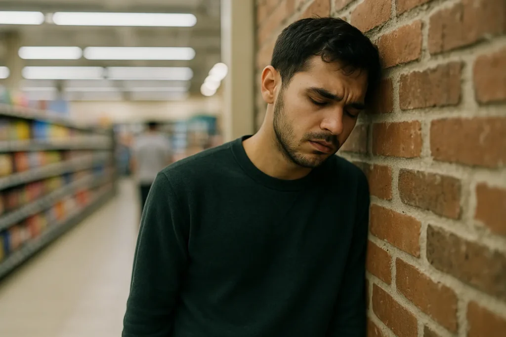 Man calming a panic attack by practicing grounding techniques against a grocery store wall.