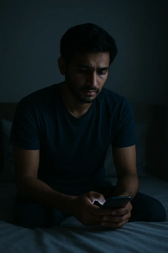 A young South Asian man sits on his bed at night, illuminated softly by the glow of his phone. His face reflects exhaustion and quiet determination, symbolizing isolation, awakening, and the first moment of understanding his panic attacks.