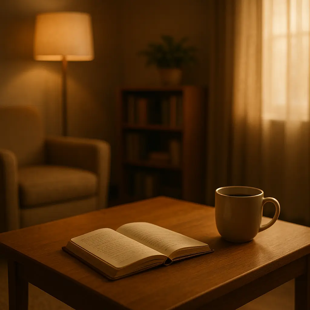 A warm, softly lit therapist’s office with an open journal and a cup of coffee on a wooden table, symbolizing emotional healing, calmness, and a safe therapeutic space.