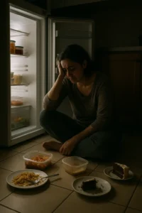 A realistic image of an exhausted mother sitting on the kitchen floor at night after binge eating, lit by the refrigerator light, surrounded by food containers and emotional distress.