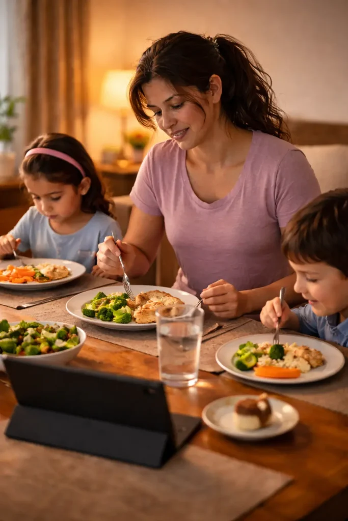 A mother eats a balanced meal at home while her children mimic her smaller portions, symbolizing mindful eating, accountability, and food freedom.