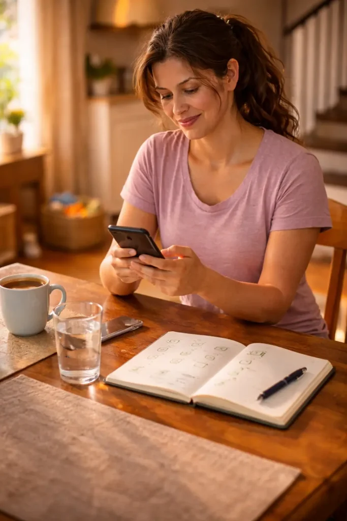 A mother smiles while logging her Monday progress on her phone, celebrating mindful exercise days instead of the scale.