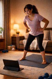 A mother stands barefoot on a yoga mat at home during her first online fitness class, facing a tablet placed in front of her.