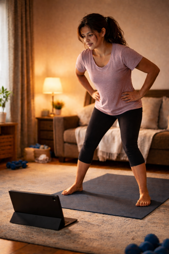 A mother stands barefoot on a yoga mat at home during her first online fitness class, facing a tablet placed in front of her.