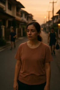 A realistic image of an overwhelmed mother taking her first evening walk to begin her healing journey while watching men jog freely around her.