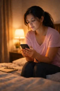 A thoughtful mother sits on her bed at night holding her phone, pausing before registering for an online program, symbolizing self-doubt, courage, and a quiet decision to begin again.