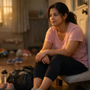A reflective mother sits beside an unused gym bag near her front door, surrounded by children’s shoes and toys, symbolizing failed gym attempts, emotional overwhelm, and the beginning of a compassionate healing journey.