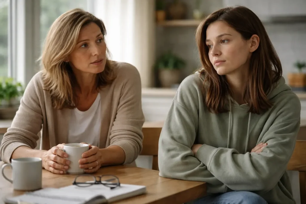 Mother and teenage daughter sitting at a kitchen table, showing emotional distance that can reflect disorganized attachment and push-pull connection.