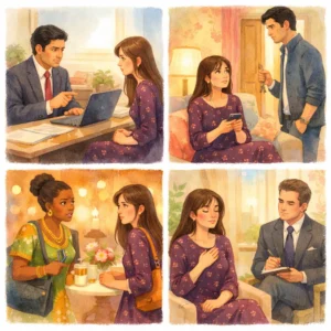 Four-panel cozy watercolor illustration of a woman feeling overwhelmed at work, at home with her partner, with a friend at dinner, and in therapy calming down.
