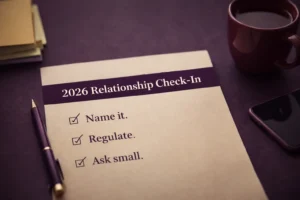 Relationship Check-In checklist with overlay text Name it Regulate Ask small on a desk with pen tea and phone